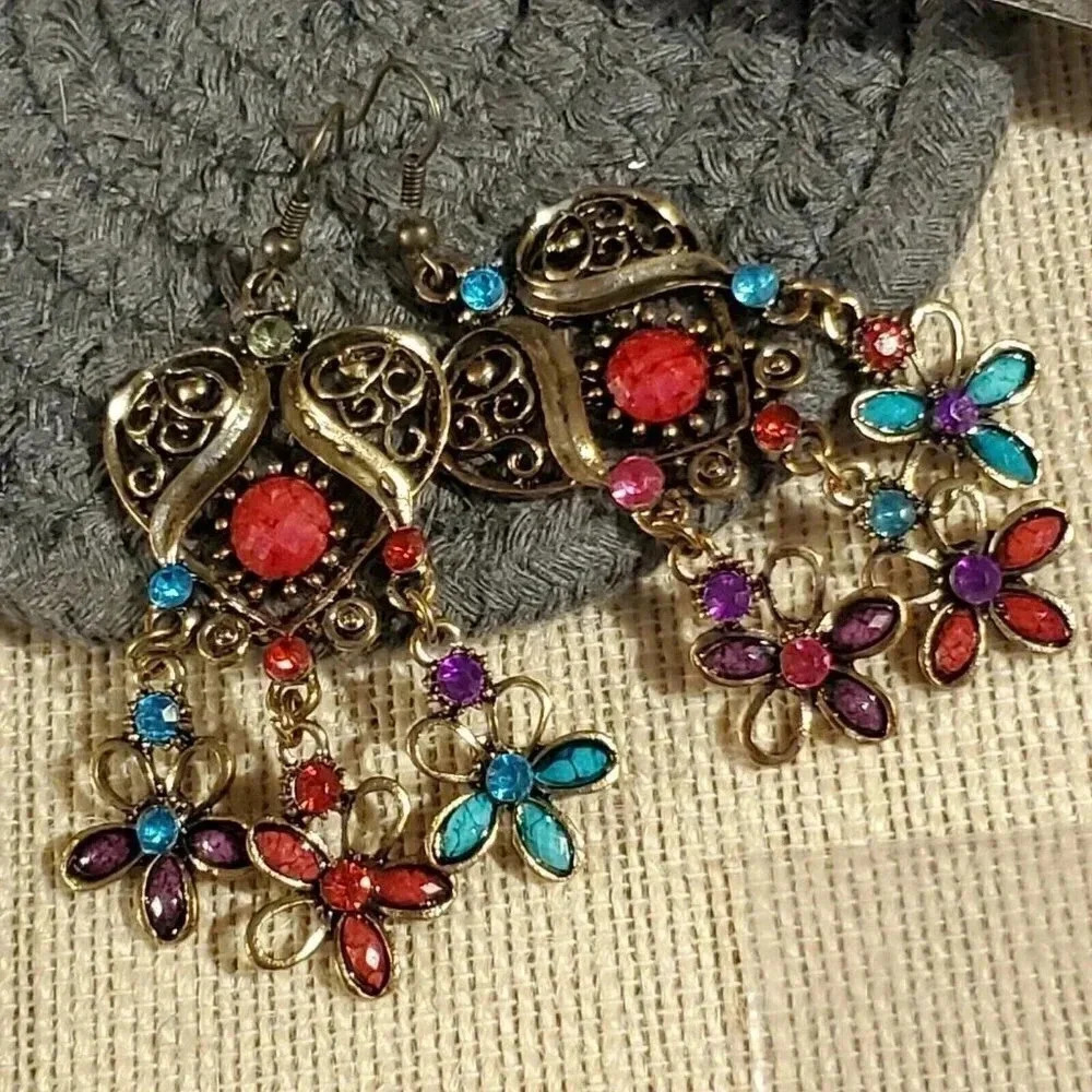 Vintage 90s Lacy Multicolor Antique Gold Acrylic Crystal Dangle Earrings